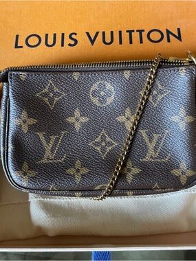Louis Vuitton Monogram Mini Pouch with Gold Chain - Brown